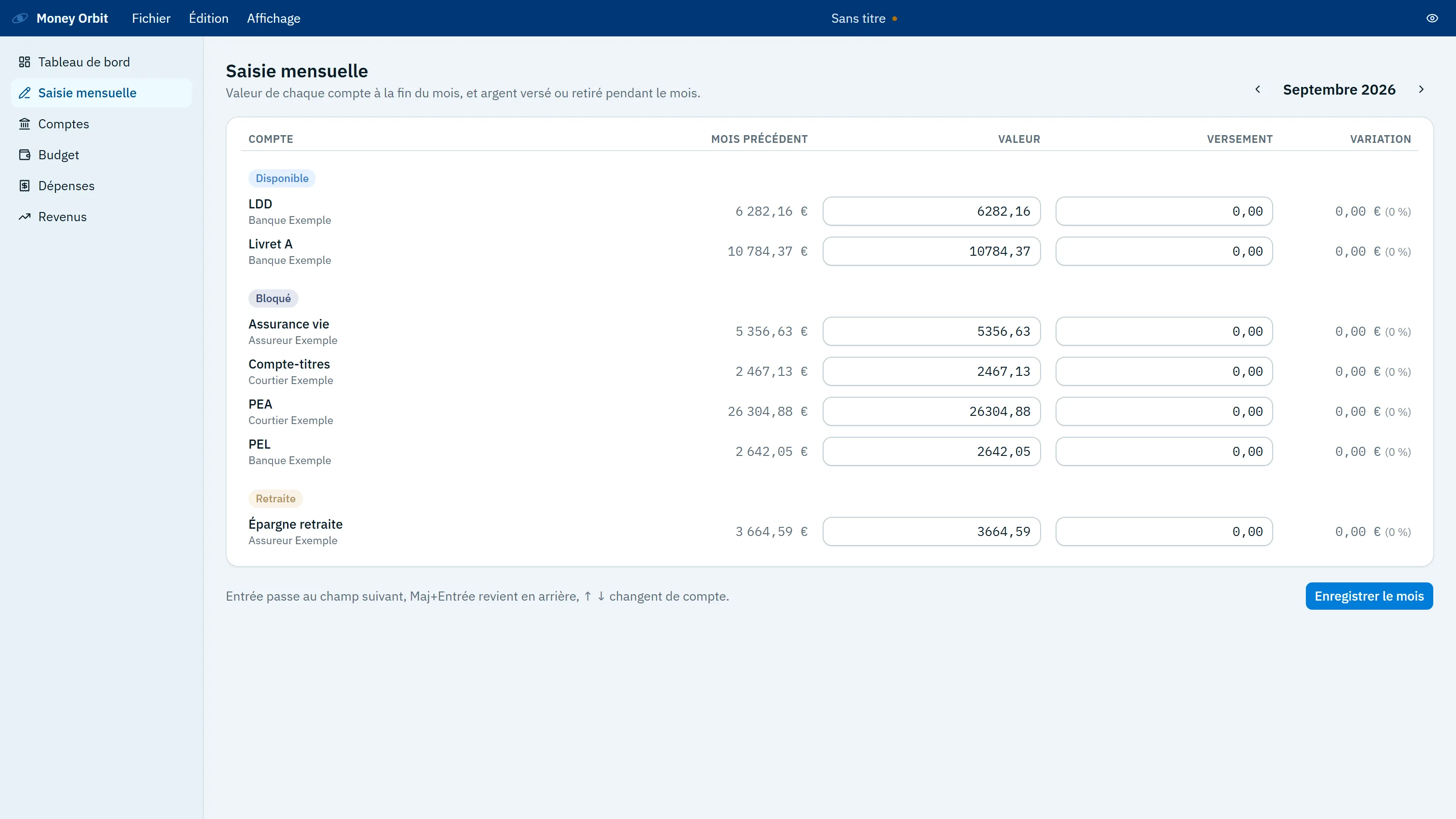 Money Orbit monthly update grid with one line per account, grouped by availability.